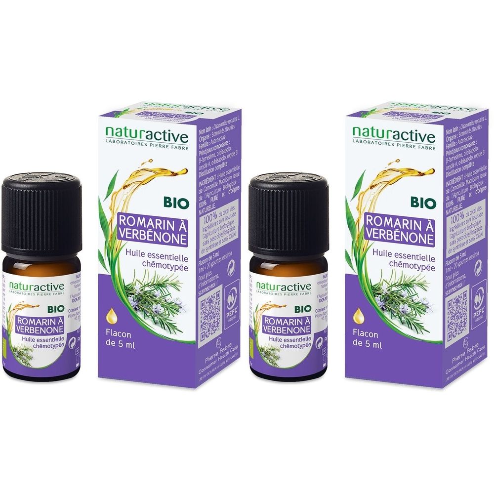 Trois flacons et deux boîtes. Inscription: naturactive BIO Romarin à Verbénone Huile essentielle chémotypée. Flacon de 5 ml.