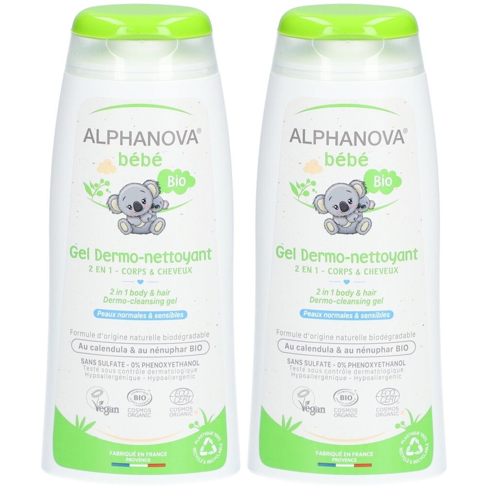 Deux flacons de gel Alphanova Bébé Dermo-Nettoyant. Blancs, avec bouchons et étiquettes verts. Texte : Bio, Gel Dermo-Nettoyant, 2-en-1.