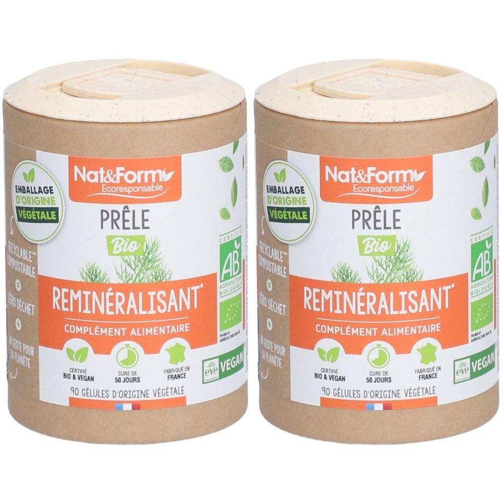 Deux boîtes cylindriques avec couvercles. Inscription: Nat&Form Prêle Bio, Reminéralisant, complément alimentaire. Vegan, certification AB.