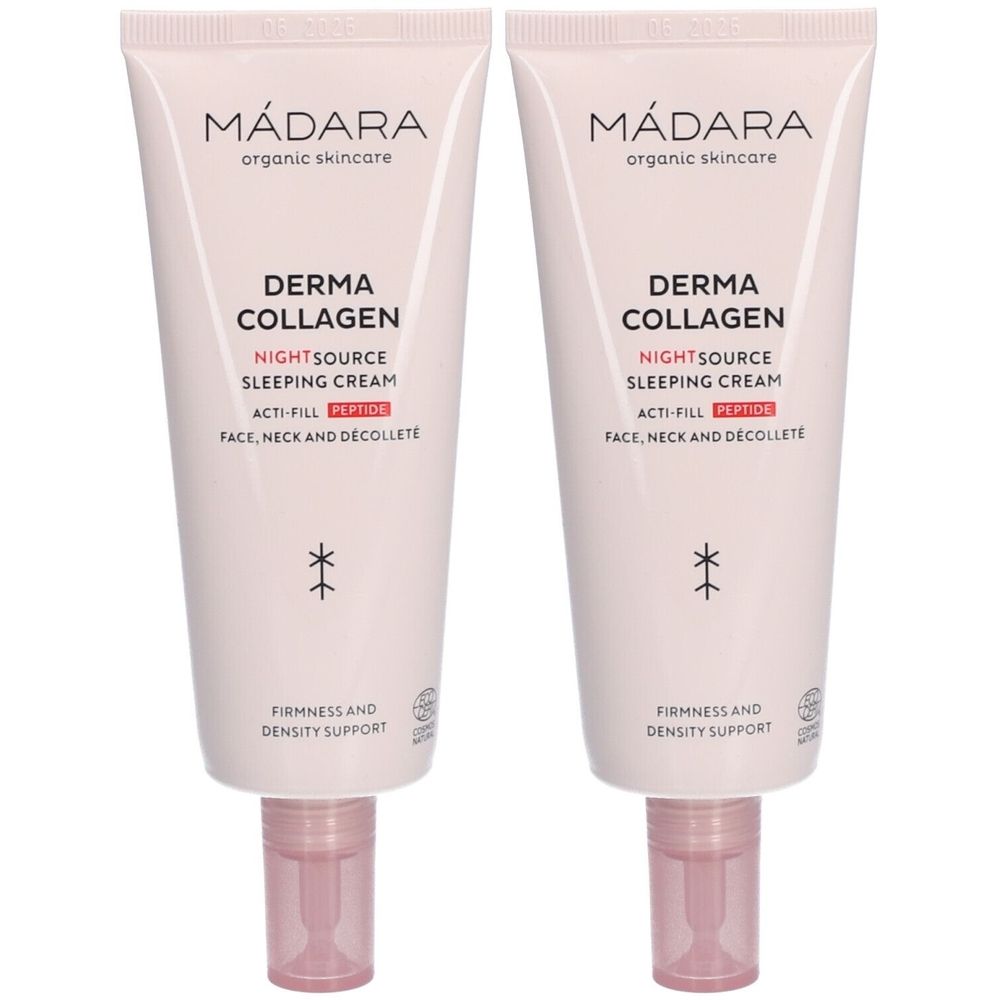 Deux tubes de crème de nuit. Inscription : Mádara, Derma Collagen, Nightsource Sleeping Cream. Tube rose avec bouchon rose.