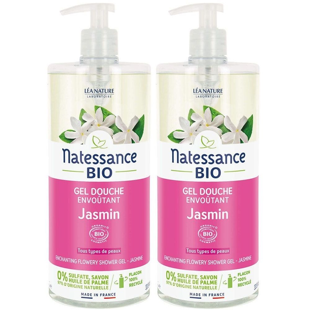 Deux flacons de gel douche Jasmin. Inscription: Natessance BIO, Gel Douche Envoutant Jasmin. Certifié bio, texte en français.