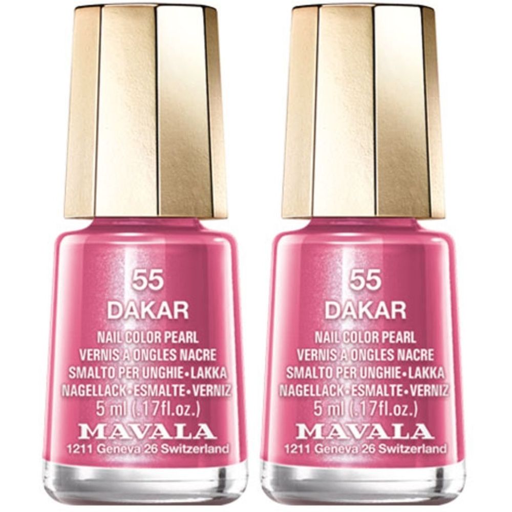 Deux flacons de vernis à ongles roses. Bouchon doré. Inscription : 55 Dakar, Nail Color Pearl, Mavala.