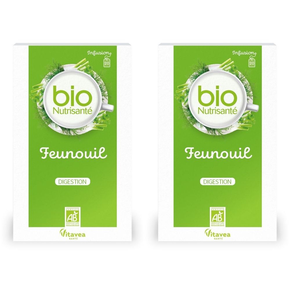 Deux emballages verts avec "bio Nutrisanté FENOUIL". Indiqué pour la digestion. Logo AB et Vitavea.