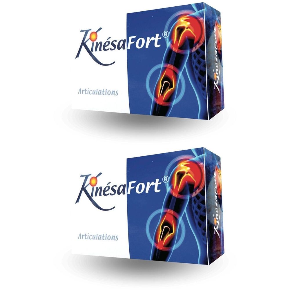 Deux boîtes de KinésaFort. Sur fond bleu, une illustration d'articulation du genou avec des zones rouges.