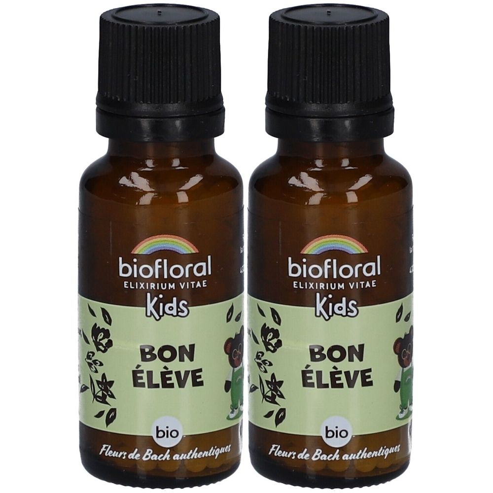 Deux flacons en verre brun avec des bouchons noirs. Les étiquettes indiquent "biofloral Kids Bon Élève" et un arc-en-ciel.