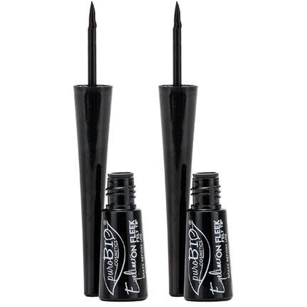 Deux eyeliners noirs avec applicateur feutre. Flacons avec l'inscription "puroBIO Cosmetics Eyeliner On Fleek".