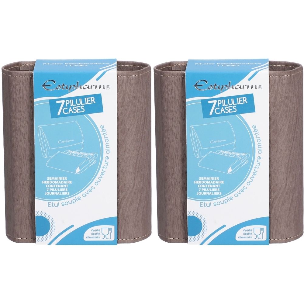 Deux piluliers rectangulaires avec étui. L'emballage indique "Estipharm Pilulier 7 Cases".