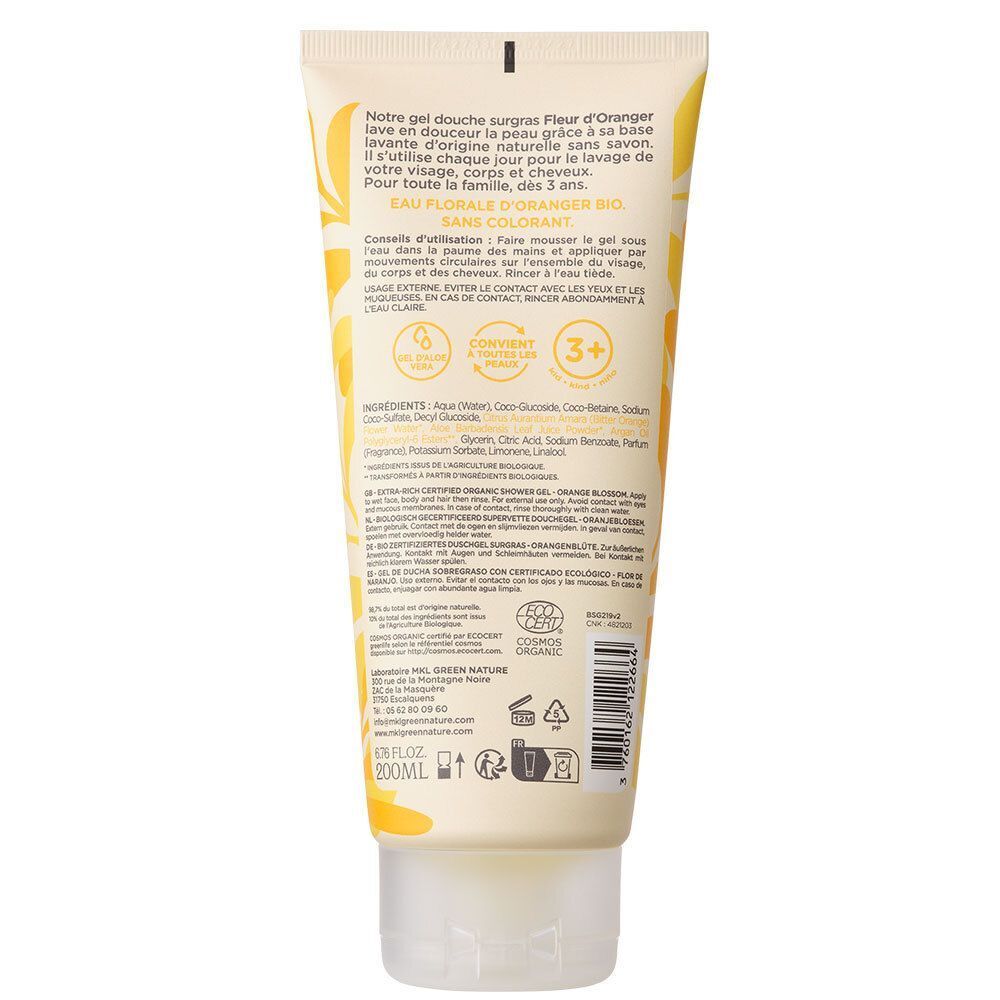 Tube crème avec texte. Inscription: Fleur d'Oranger, Eau Florale, Bio. Avec certification bio. 200 ml.