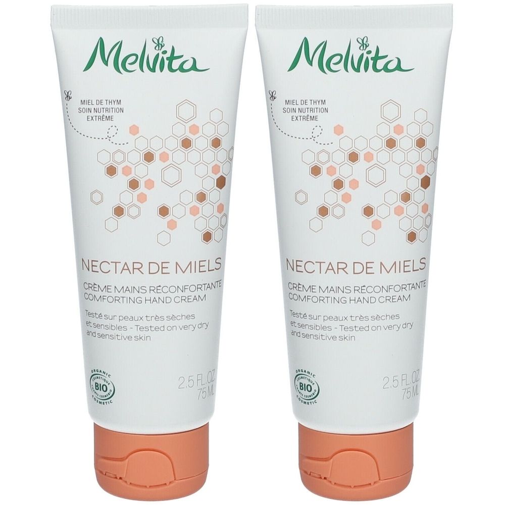 Deux tubes de crème pour les mains. Inscription: Melvita Nectar de Miels, Crème Mains Réconfortante. Certification Bio. Tube blanc avec éléments bruns et beiges.