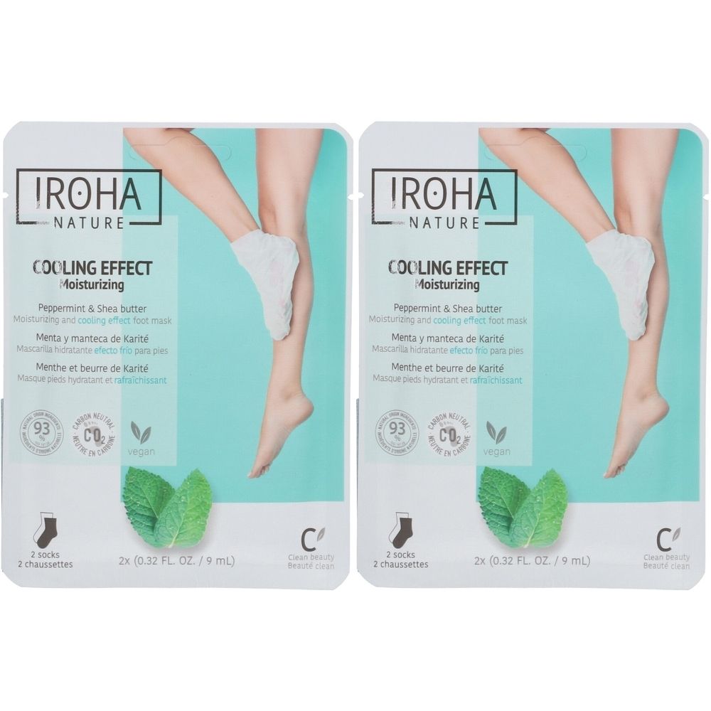 Deux paquets de masques pour les pieds IROHA NATURE. Chaque paquet montre une jambe avec une chaussette blanche. Texte: COOLING EFFECT, Menthe & Beurre de Karité.