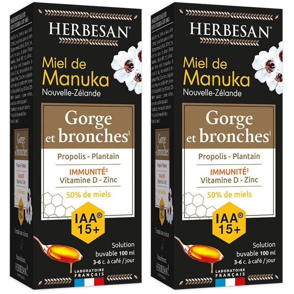 Deux boîtes avec inscriptions. Herbesan, Miel de Manuka, Gorges et bronches, IAA 15+. Solution buvable.