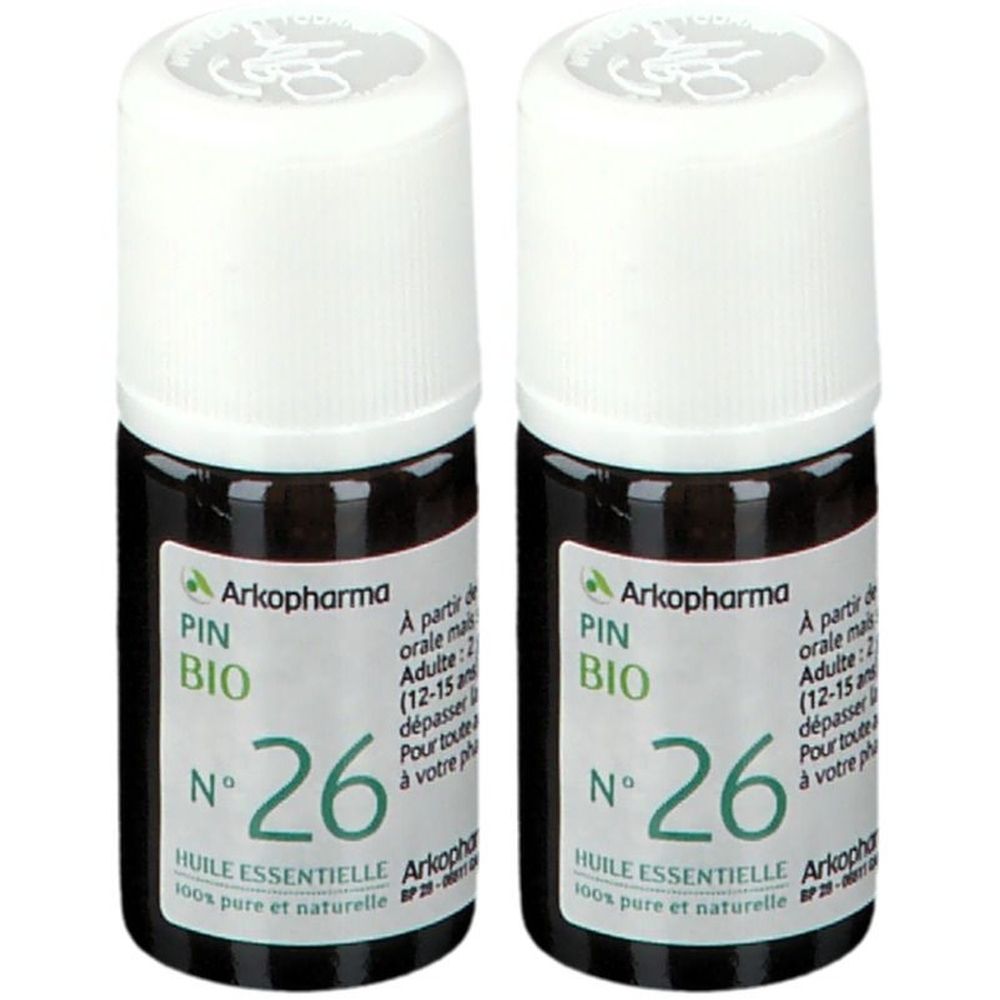 Deux flacons d'huile essentielle. Bouchon blanc, étiquette verte. Inscription: Arkopharma, PIN BIO, N° 26. Huile essentielle.
