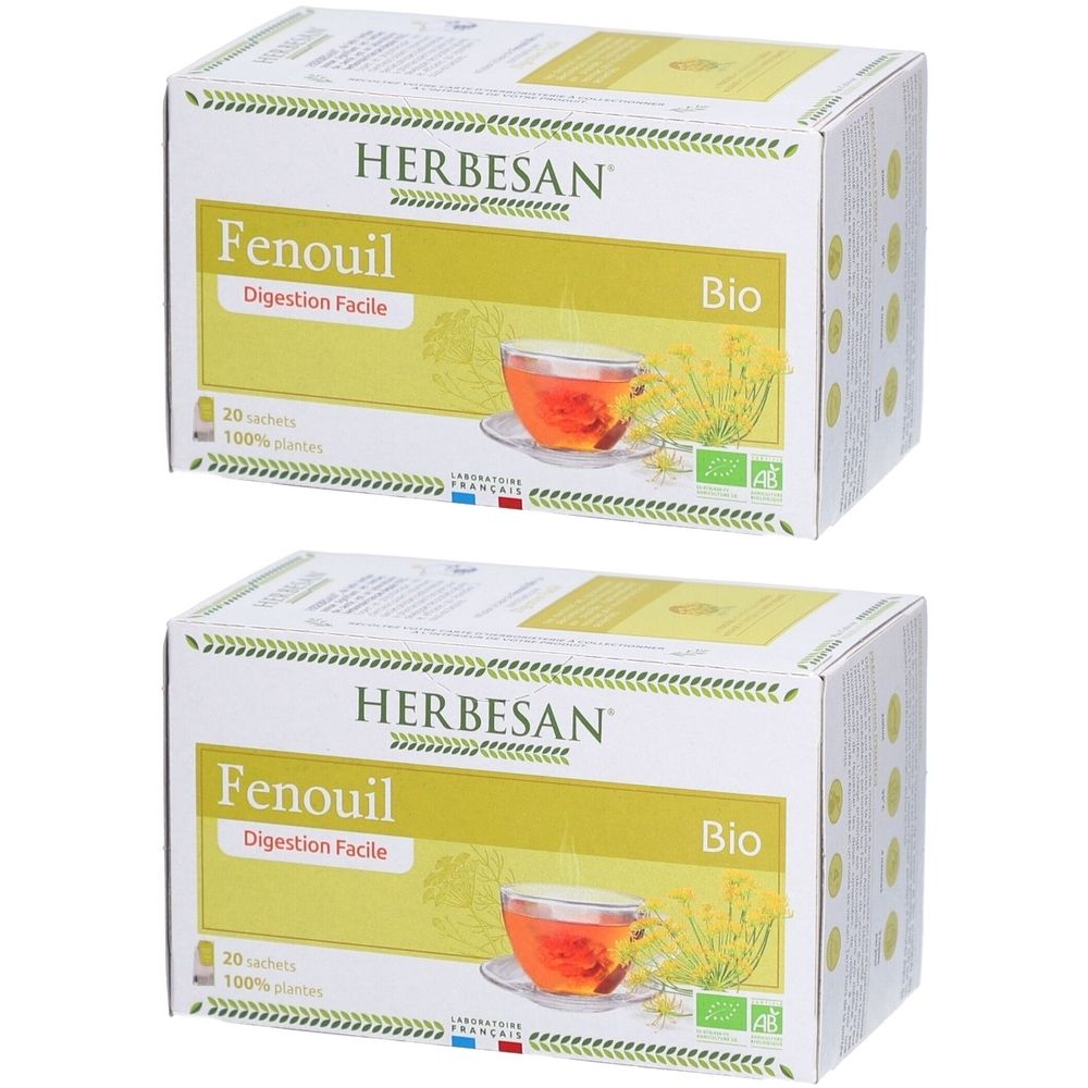Deux boîtes Herbesan Infusion Fenouil Bio. Inscription: Fenouil, Digestion Facile, Bio. Illustration: tasse de thé.