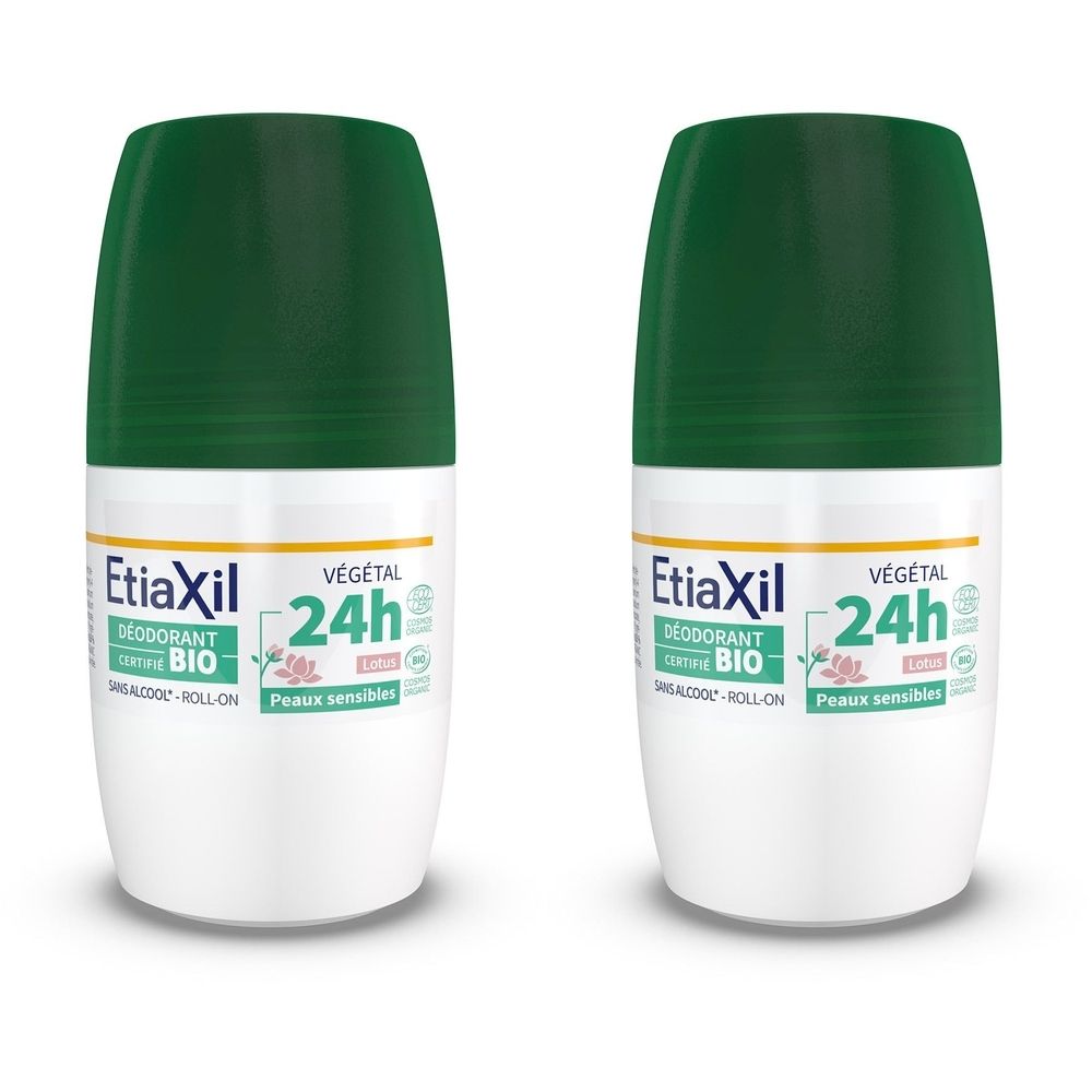 Deux déodorants roll-on avec bouchons verts. Inscriptions : Etiaxil, Végétal, 24h, BIO. Pour peaux sensibles. Format roll-on.