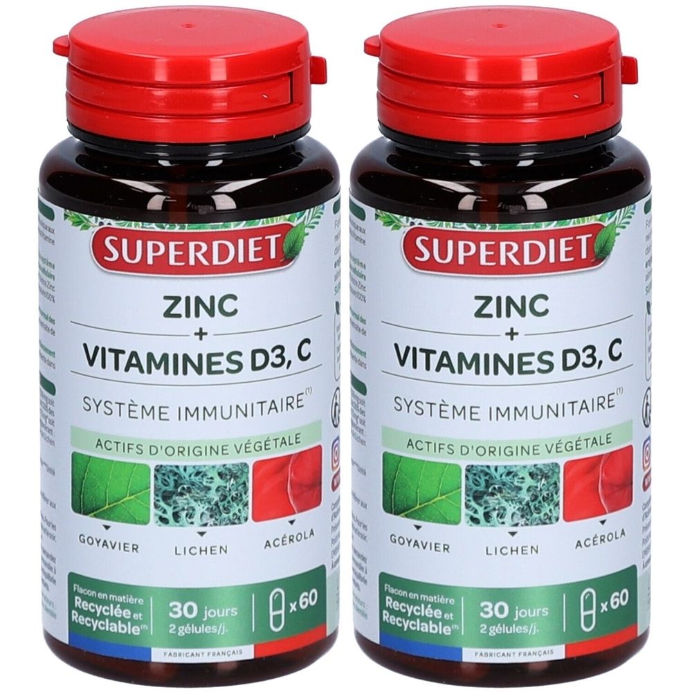 Deux flacons de Superdiet Zinc + Vitamines D3, C. Flacons bruns avec bouchon rouge. Inscription: Système Immunitaire, Actifs d'origine végétale.