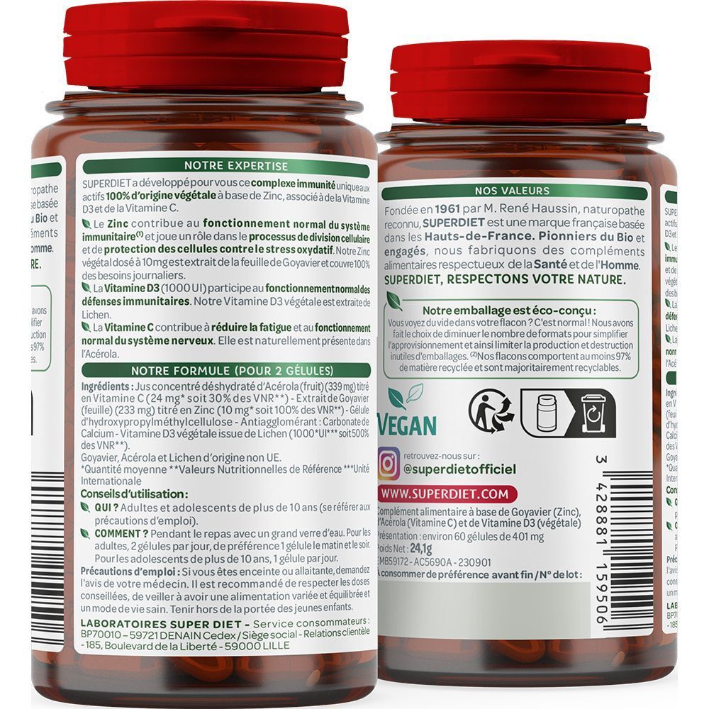 Arrière de deux flacons Superdiet Zinc + Vitamines D3, C avec informations détaillées et sceau vegan.