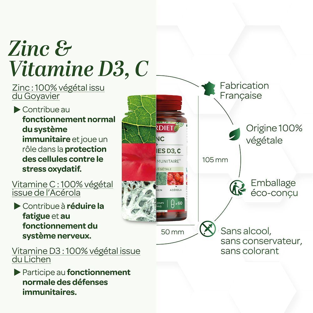 Flacon Superdiet Zinc + Vitamines D3, C avec illustrations de feuilles et fruits. Dimensions : 105 mm x 50 mm.