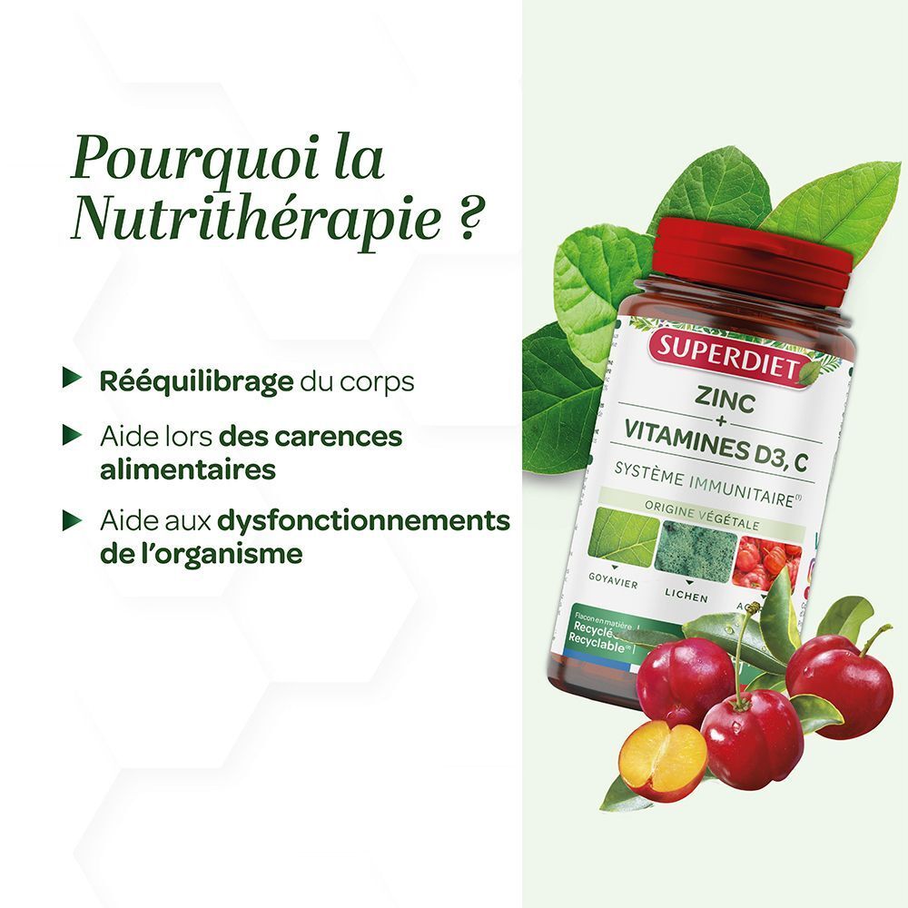 Flacon Superdiet Zinc + Vitamines D3, C près de fruits frais, entouré de feuilles. Fabrication française.