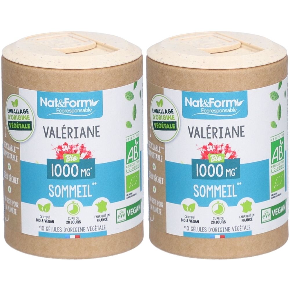 Deux boîtes cylindriques. Inscription: Nat&Form Valériane Bio Sommeil, 1000 mg, vegan, certification AB. Emballage en fibres végétales.