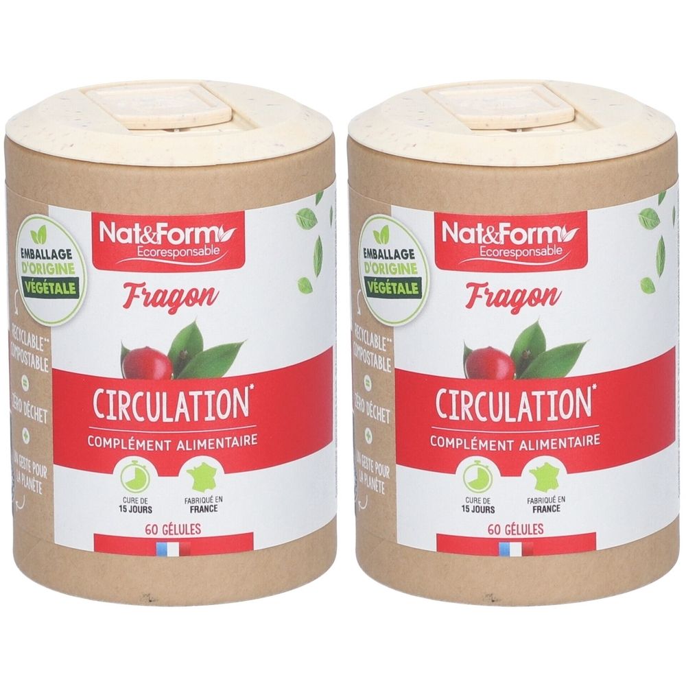 Deux boîtes cylindriques avec couvercles. Inscription: Nat&Form, Fragon, Circulation, complément alimentaire. 60 gélules. Emballage d'origine végétale.