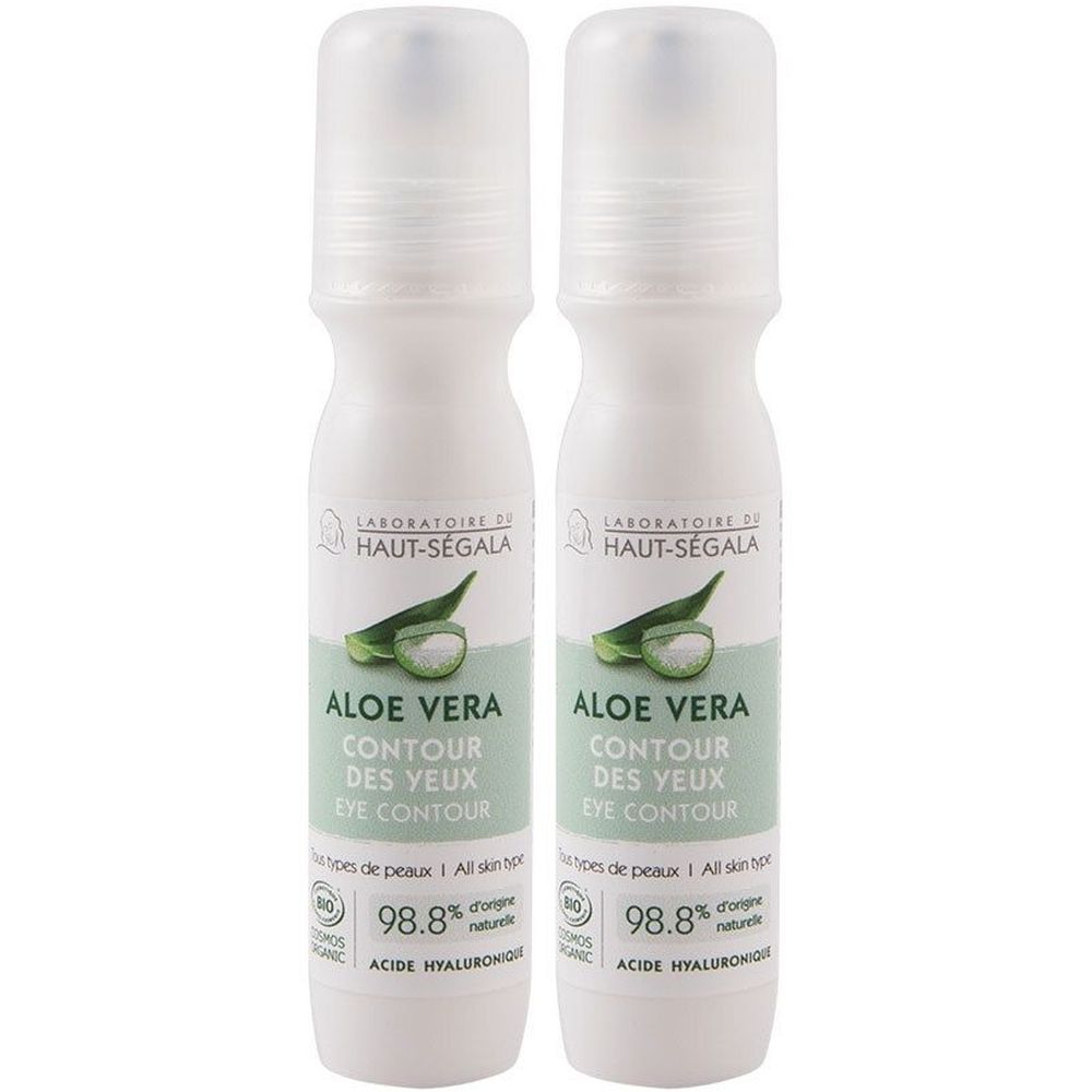 Deux flacons blancs avec applicateur roll-on. Inscription: Aloe Vera Contour des Yeux, 98,8% d'ingrédients naturels. Marque: Laboratoire du Haut-Ségala.