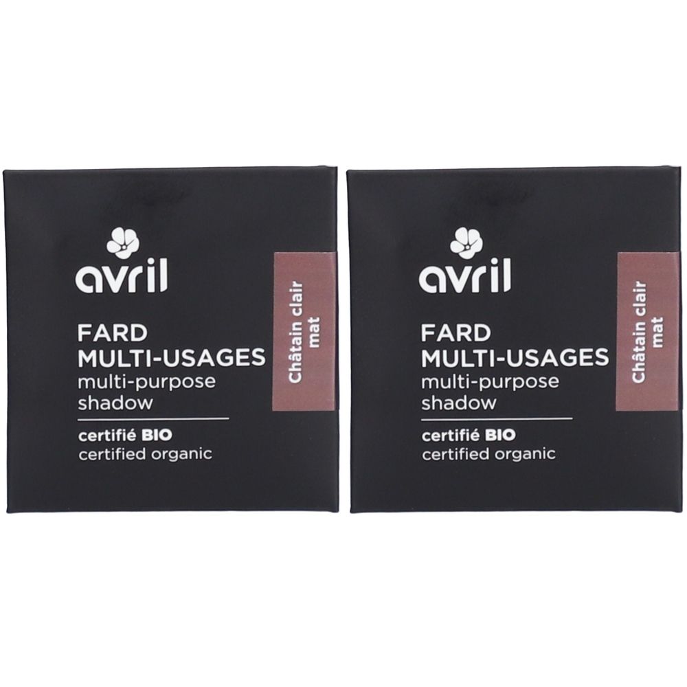 Deux boîtes carrées noires. Sur chacune, "avril FARD MULTI-USAGES multi-purpose shadow certifié BIO certified organic". Étiquette : "Châtain clair mat".