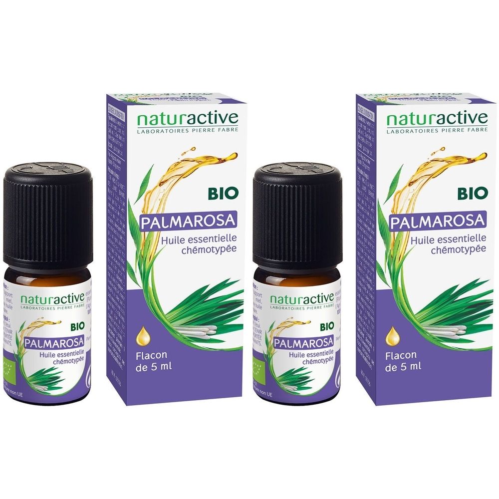 Trois flacons et emballages. Inscription: naturactive BIO Palmarosa Huile essentielle chémotypée. Flacon de 5 ml.