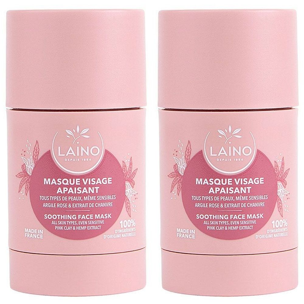 Deux sticks roses. Inscription: LAINO, MASQUE VISAGE APAISANT, SOOTHING FACE MASK. Pour tous types de peaux, même sensibles.