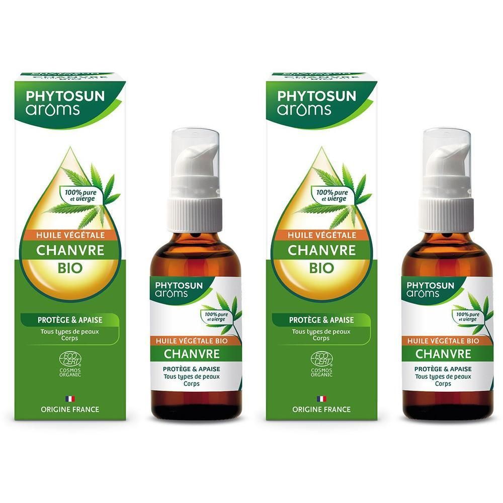 Plusieurs flacons d'huile avec vaporisateur et emballage. Inscription : Huile végétale Chanvre BIO, Phytosun Arôms. Emballage vert.