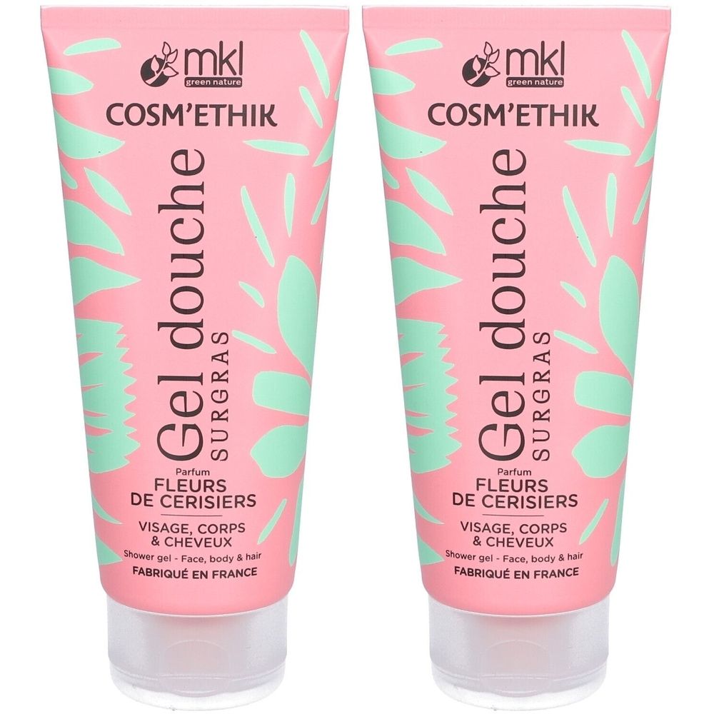 Deux tubes de gel douche rose avec motifs floraux. Texte: COSM'ETHIK, Gel douche, Fleurs de cerisiers. Fabriqué en France.