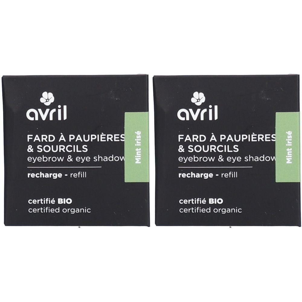 Deux boîtes carrées noires avec texte blanc. Inscription: Fard à paupières & sourcils, certifié BIO. Mention Mint Irisé sur une étiquette verte.
