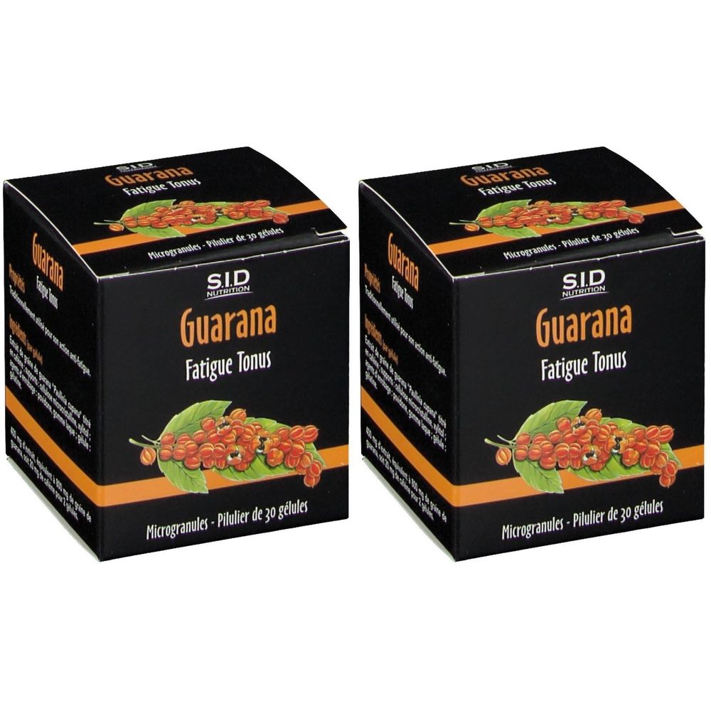 Deux boîtes noires avec l'inscription "Guarana Fatigue Tonus" et le logo "SID". Impression avec illustration de baies rouges.