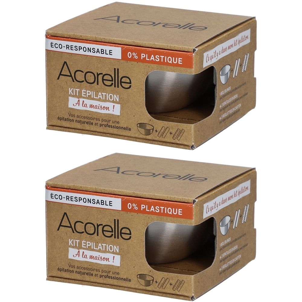 Deux boîtes Acorelle Kit épilation à la maison. Inscription ECO-RESPONSABLE, 0% PLASTIQUE. Fenêtre révèle un récipient métallique.