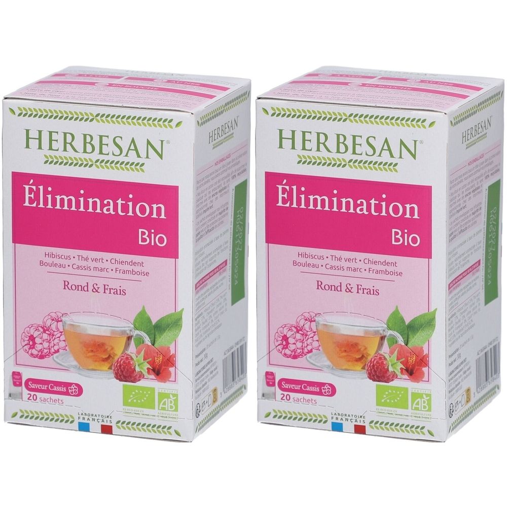 Deux boîtes HERBESAN Élimination Bio. Images de framboises et tasse de thé. Ingrédients : hibiscus, thé vert, bouleau, cassis, framboise. 20 sachets.