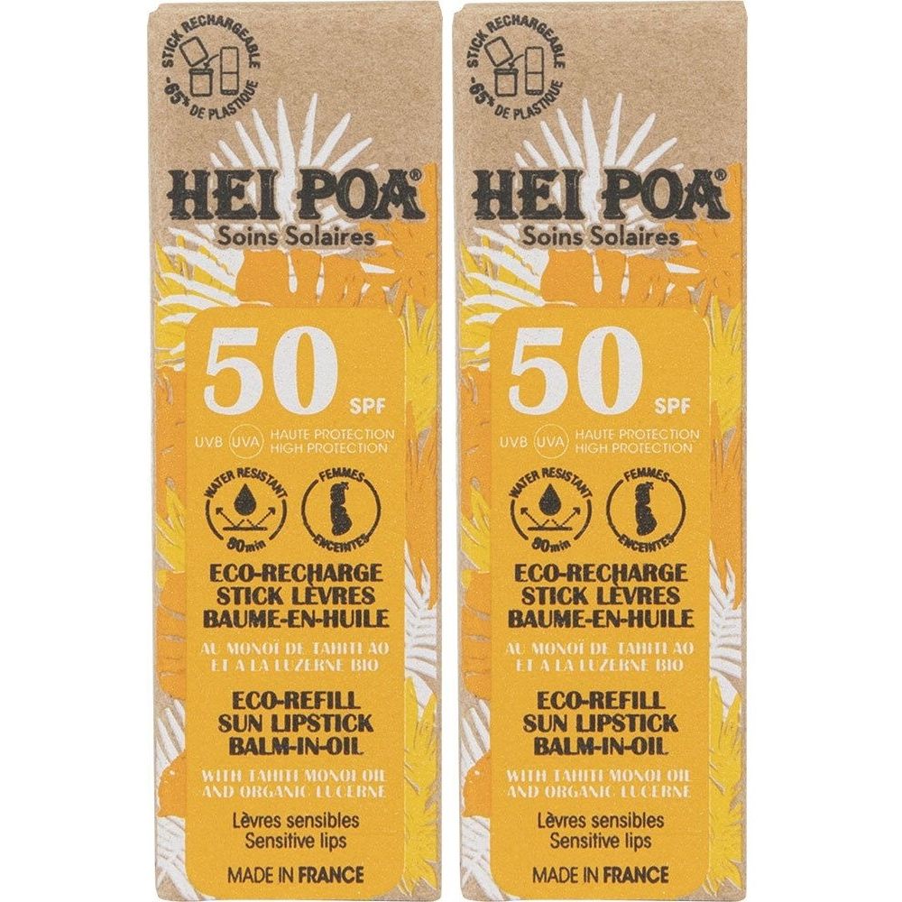 Deux étuis rectangulaires avec SPF 50. Inscription: Hei Poa, Soins Solaires, Eco-Recharge Stick Lèvres Baume-en-Huile. Fabriqué en France.