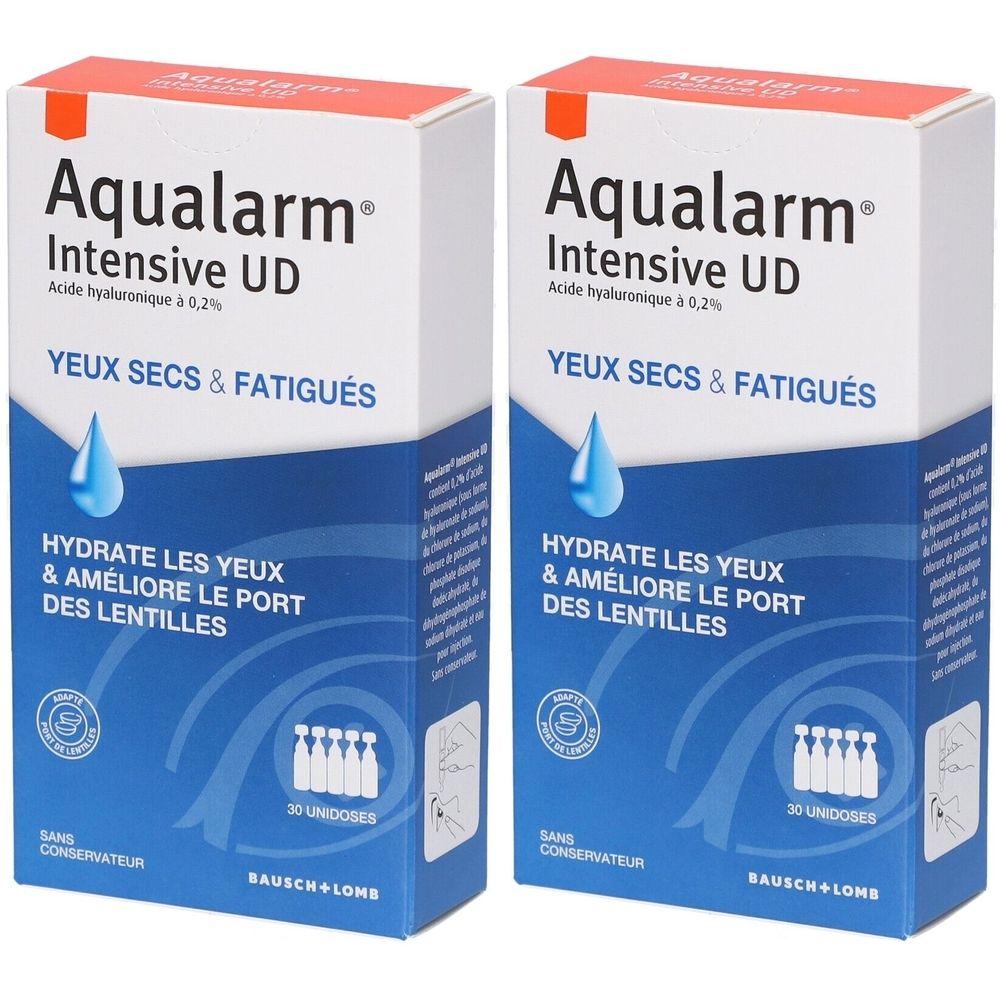Deux boîtes Aqualarm Intensive UD. Emballage bleu et blanc avec nom et texte du produit. Contient 30 unidoses. Marque Bausch + Lomb.