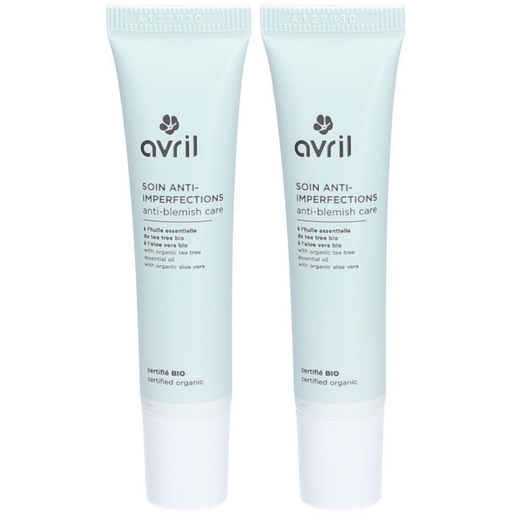 Deux tubes de Soin anti-imperfections AVRIL. Tubes vert clair avec bouchon blanc. Texte: Soin anti-imperfections, certifié BIO.
