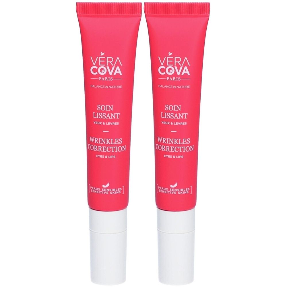 Deux tubes de Veracova Soin Lissant Yeux & Lèvres. Tubes roses avec bouchons blancs. Texte: Soin Lissant, Wrinkles Correction.