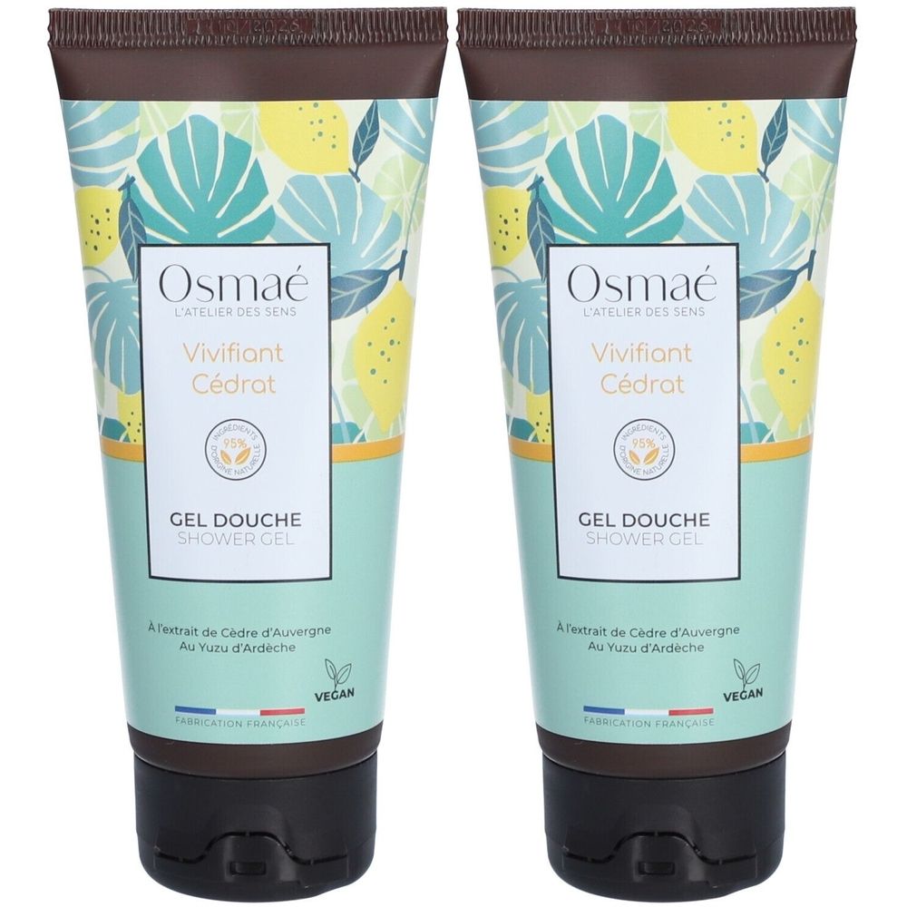 Deux tubes de gel douche Osmaé Vivifiant Cédrat. Design vert et jaune avec motifs végétaux. Bouchon noir. Inscription "Gel Douche".