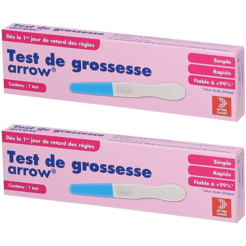 Deux boîtes roses de test de grossesse. Inscription: Test de grossesse arrow. Contenu: 1 test. Simple, rapide, fiable.