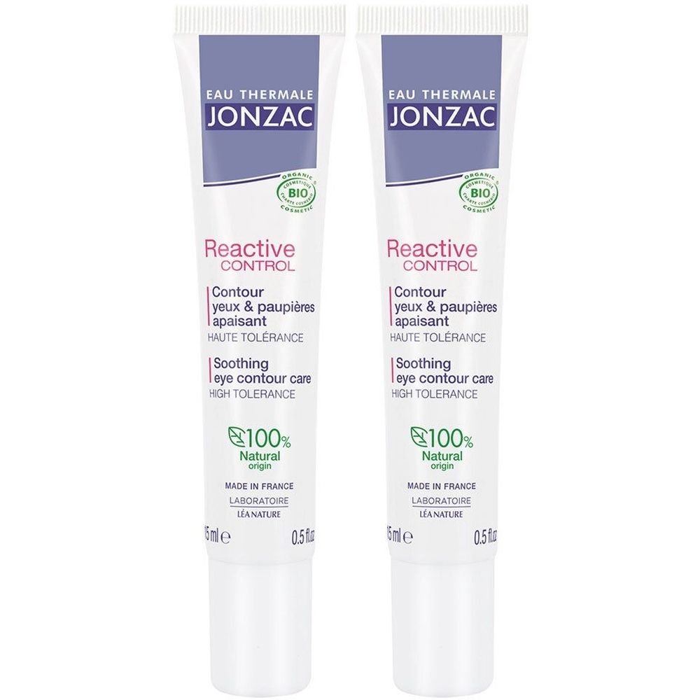 Deux tubes de soin contour des yeux. Blancs, avec accents violets et verts. Inscriptions: Jonzac, Reactive Control, Contour yeux & pau., 100% Natural origin.