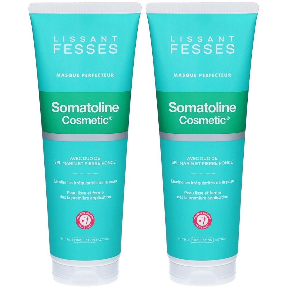 Deux tubes de SOMATOLINE COSMETIC Lissant Fesses. Design turquoise et blanc avec nom du produit et texte. Contient duo sel marin et pierre ponce.