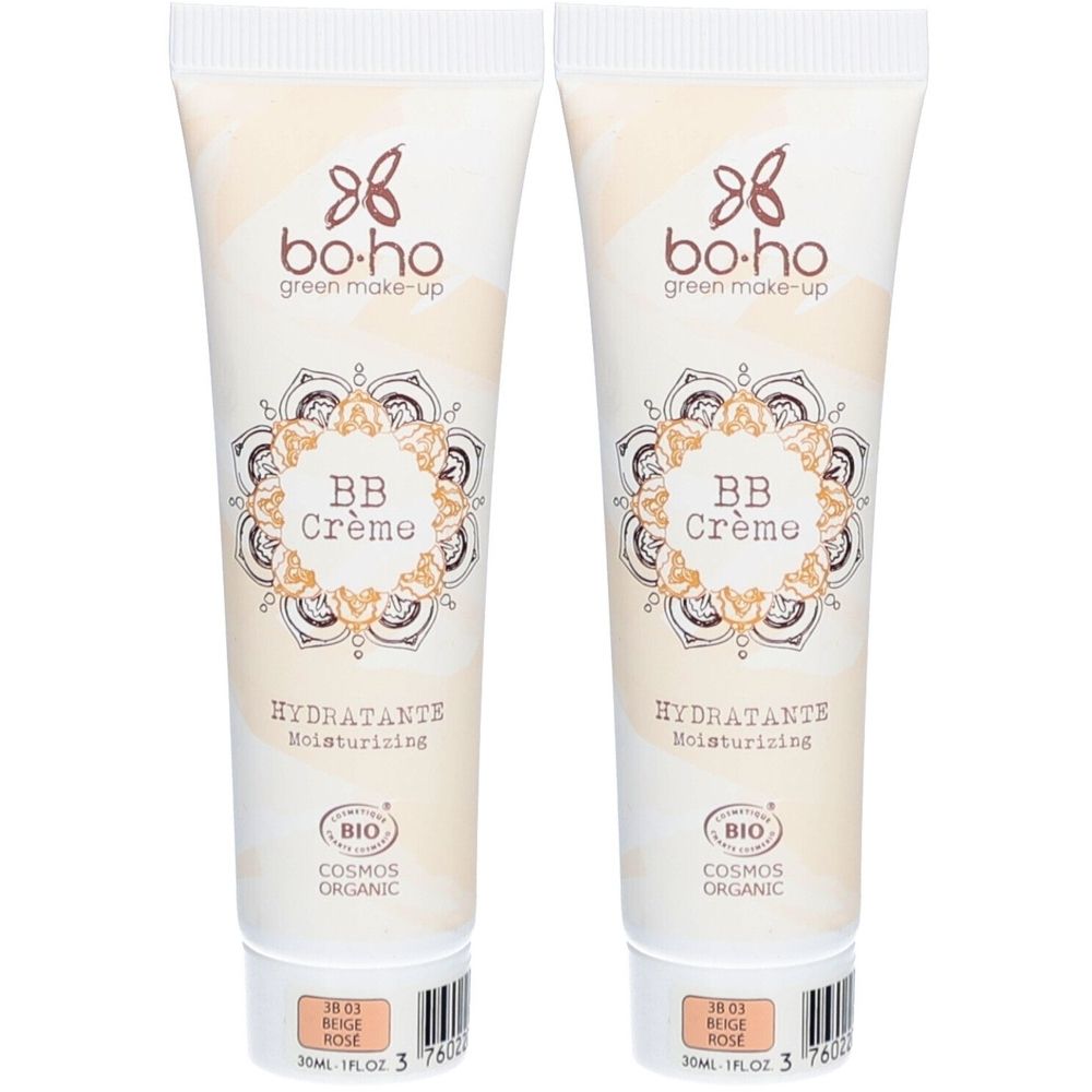 Deux tubes de BB Crème. Inscription : bo-ho green make-up, BB Crème, HYDRATANTE, BIO COSMOS ORGANIC. Teinte : 03 Beige rosé.