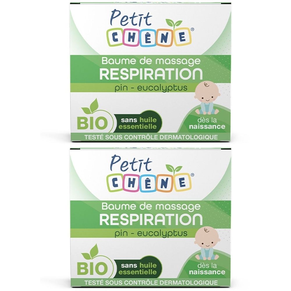 Deux boîtes rectangulaires. Inscription : Petit Chêne, Baume de massage, Respiration, pin - eucalyptus, BIO, sans huile essentielle, dès la naissance.