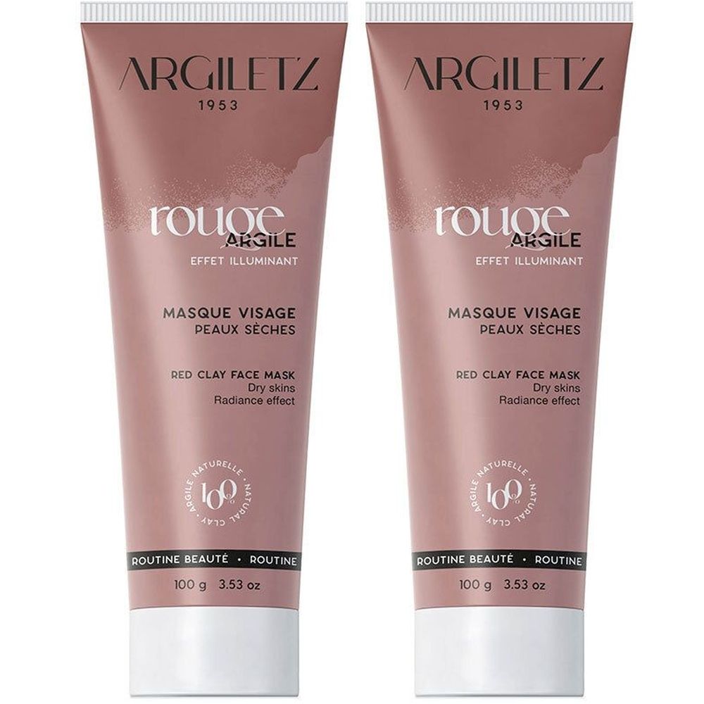 Deux tubes de masque visage Argiletz Rouge. Tubes roses avec texte blanc. Inscription : Rouge, Argile, Masque Visage, Peaux Seches.