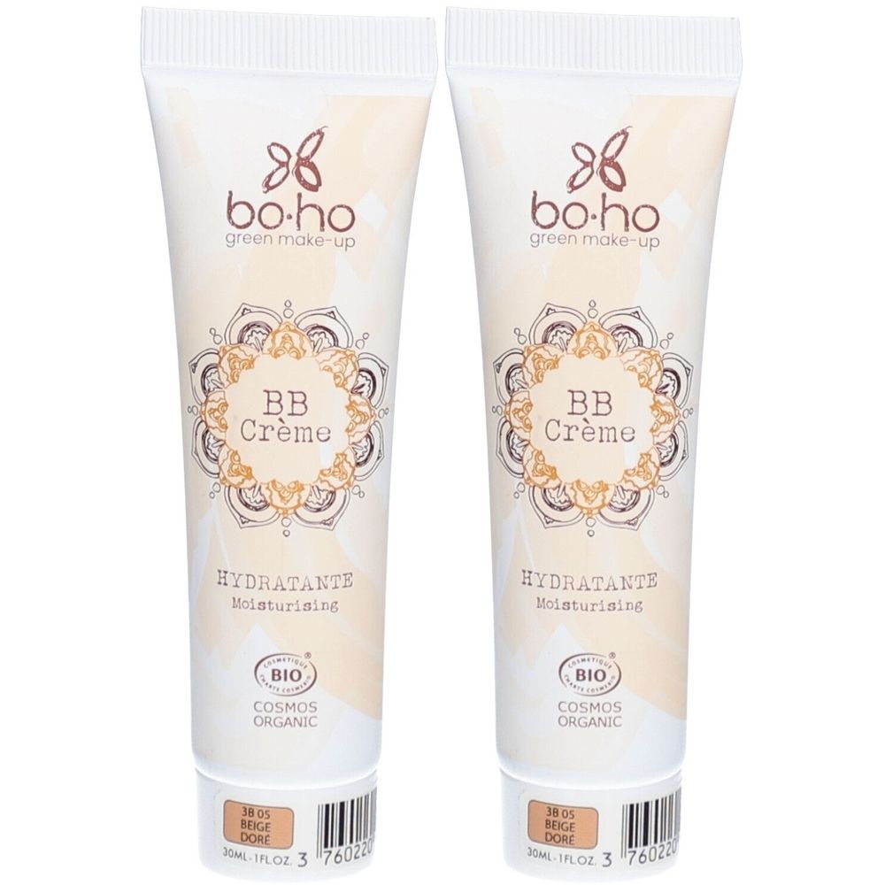 Deux tubes de BB Crème. Inscription : bo-ho green make-up, BB Crème, Hydratante, BIO COSMOS ORGANIC. Teinte : 05 Beige Doré.