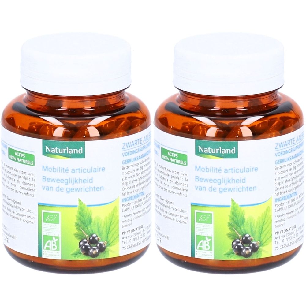 Deux flacons avec bouchons blancs. Inscription Naturland, Mobilité articulaire, Beweeglijkheid van de gewrichten. Label AB Bio.