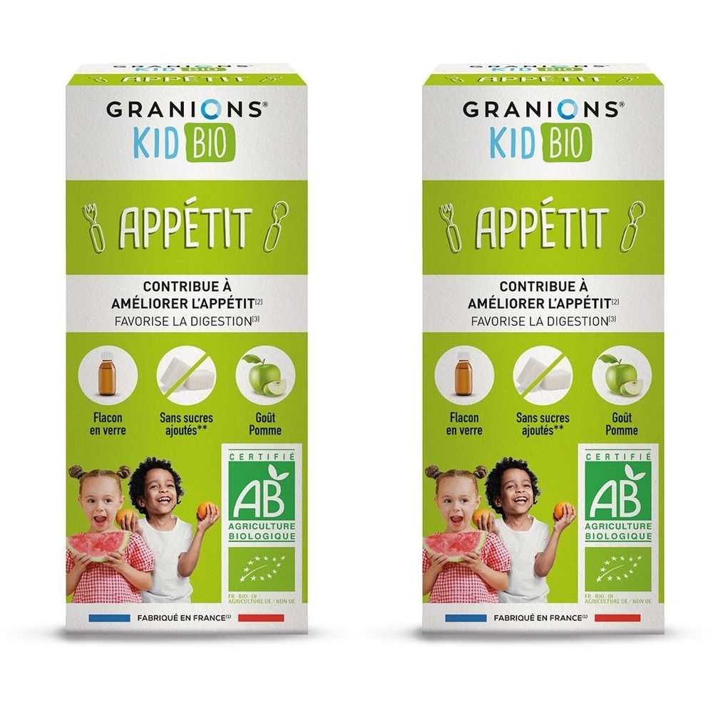 Deux boîtes de GRANIONS Kid Bio Appétit. Inscription: Kid Bio Appétit, contribue à améliorer l'appétit. Label bio.