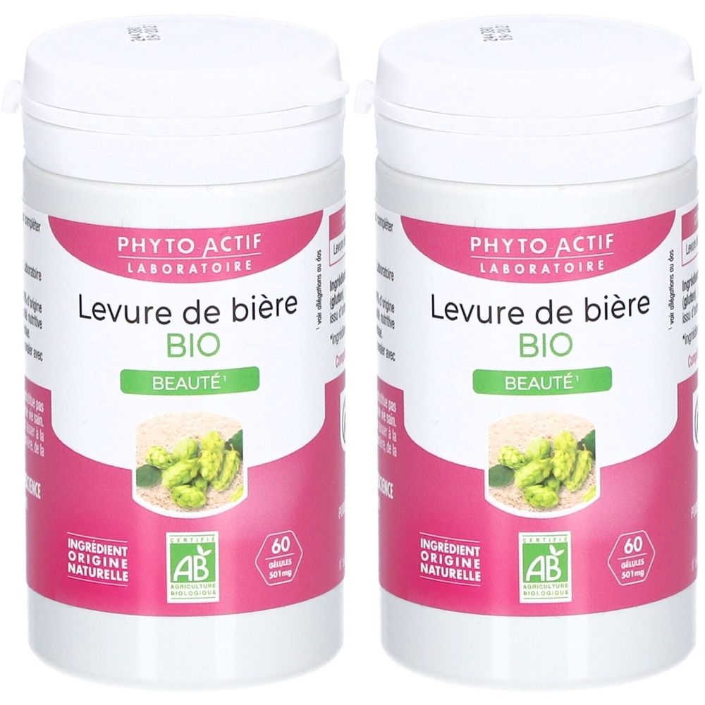 Deux flacons blancs avec étiquettes roses et vertes. Inscription : PHYTO ACTIF, Levure de bière BIO, BEAUTÉ. Avec label AB et 60 gélules.