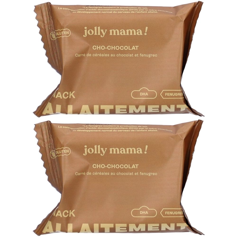 Deux emballages de collation bruns. Inscription : jolly mama! CHO-CHOCOLAT, sans gluten, DHA, FENUGRE. Inscription : ALLAITEMENT.